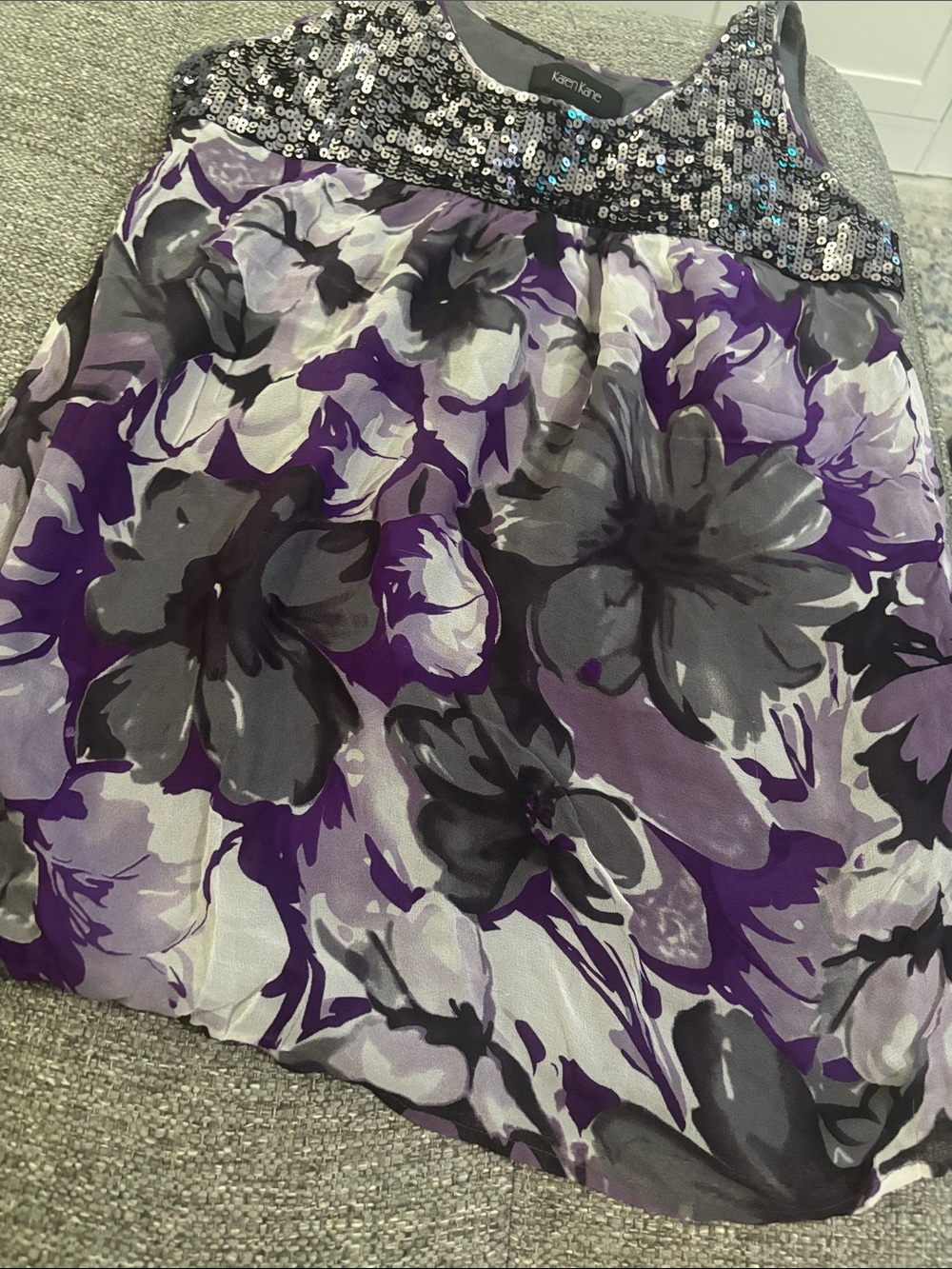 Karen Kane Purple and Gray Floral sleeveless with Sequin Yoke 15” p2p 21 length